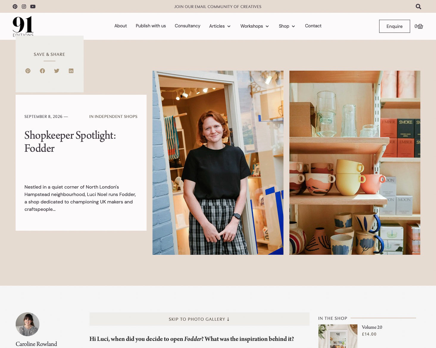 A screenshot of a website homepage for 'In Independent Shops', featuring an article titled 'Shopkeeper Spotlight: Shopkeeper: Fodder' with a photo of a woman standing in a shop and shelves of colorful mugs and glassware.