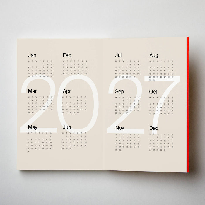Calendar with '2027' printed on a beige background. 2026 Diary Red | Kinshipped |Shop Fodder