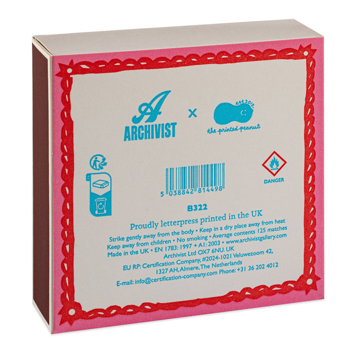 Product packaging with 'Archivist' branding and red decorative border - Matches | Archivist Gallery | Shop Fodder