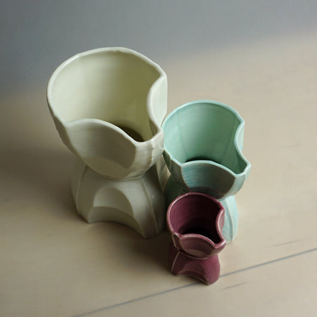 Set of three ceramic vases in green, pink, and beige on a neutral background. Tessellating Pourer | Fettle Studio | Shop Fodder