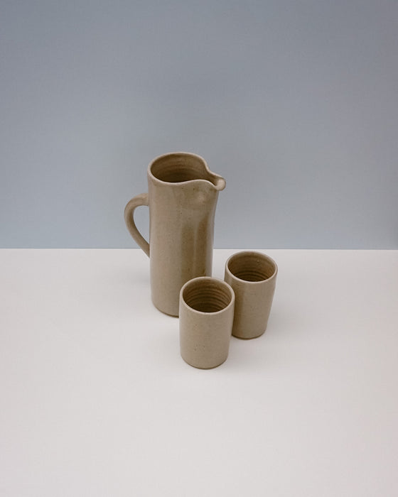 Water jug and water cups by Cara Guthrie - birch wood ash glaze - handmade stoneware - Fodder
