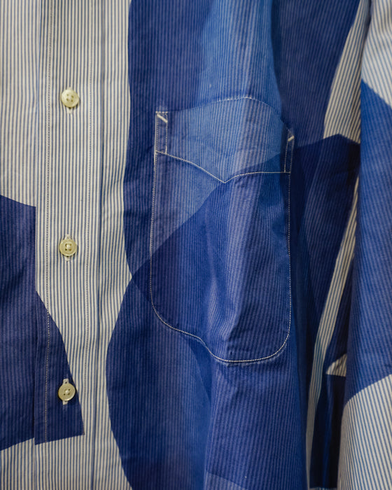 Close-up of a blue and white striped button-down shirt with a chest pocket, showing the fabric texture and pattern details. Caroline Dickinson Shirt | Fodder