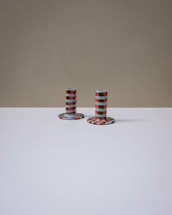 Handbuilt nerikomi checkerboard candle holder by Fern Taylor in layered coloured stoneware. Fodder.