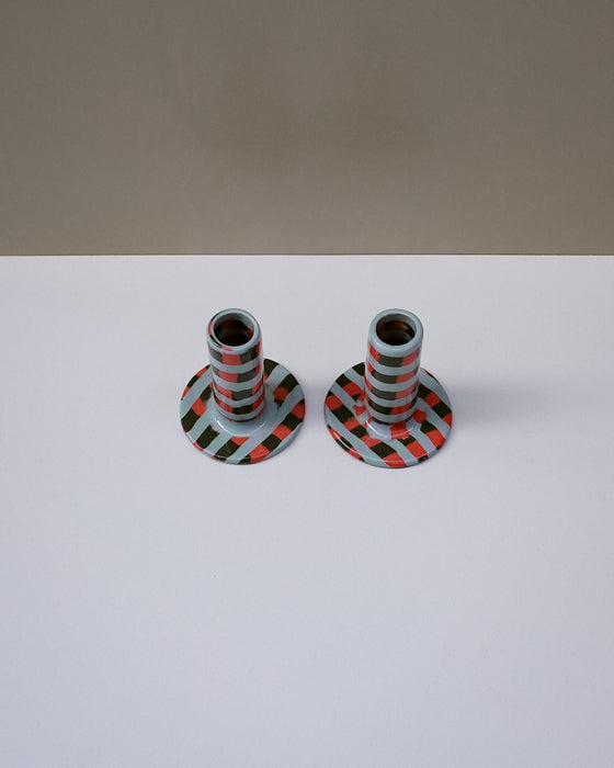 Handbuilt nerikomi checkerboard candle holder by Fern Taylor in layered coloured stoneware. Fodder.