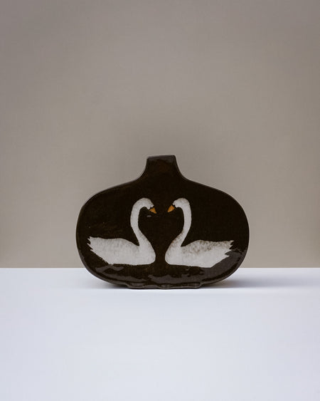 Handbuilt nerikomi swan vase by Fern Taylor in layered coloured stoneware with a crackle gloss glaze
