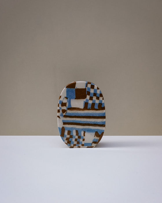 Handbuilt nerikomi oval vase by Fern Taylor in layered coloured stoneware with a crackle gloss glaze. Fodder