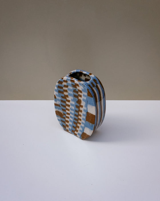 Brown and Blue Handbuilt nerikomi oval vase by Fern Taylor in layered coloured stoneware with a crackle gloss glaze. Fodder