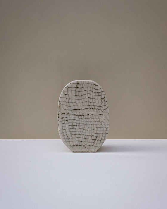 monochrome Handbuilt nerikomi oval vase by Fern Taylor in layered coloured stoneware with a crackle gloss glaze. Fodder