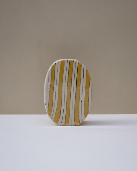 Yellow and white Handbuilt nerikomi oval vase by Fern Taylor in layered coloured stoneware with a crackle gloss glaze. Fodder