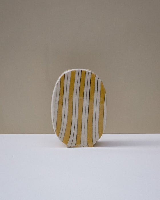 Yellow and white Handbuilt nerikomi oval vase by Fern Taylor in layered coloured stoneware with a crackle gloss glaze. Fodder