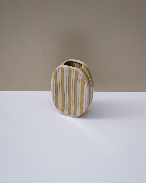 Handbuilt nerikomi oval vase by Fern Taylor in layered coloured stoneware with a crackle gloss glaze. Fodder