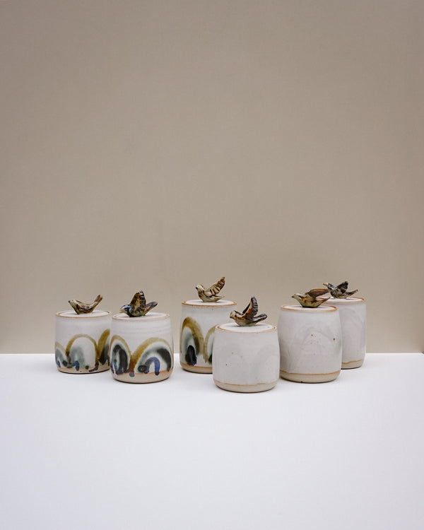 Six small handmade ceramic canisters with lids, decorated with abstract painted patterns in earthy tones and topped with sculptural bird figures, arranged on a white surface against a beige background. Liz Vidal Ceramics | Fodder | Hope Collection