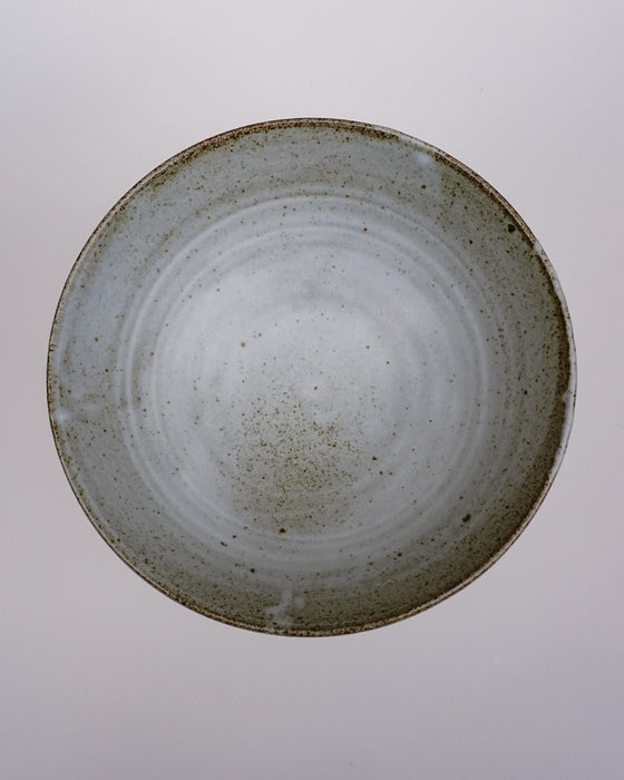 A handmade ceramic bowl with a speckled glaze, photographed from directly above against a neutral light gray background. Scree Ceramics | Fodder | Hope Collection