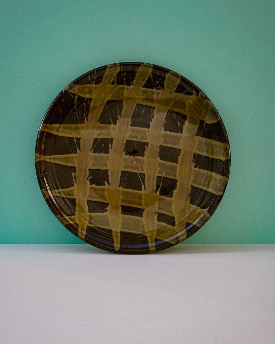 Ceramic plate with Green & Brown slip surface decoration. Lily Pearmain Ceramics | Shop Fodder