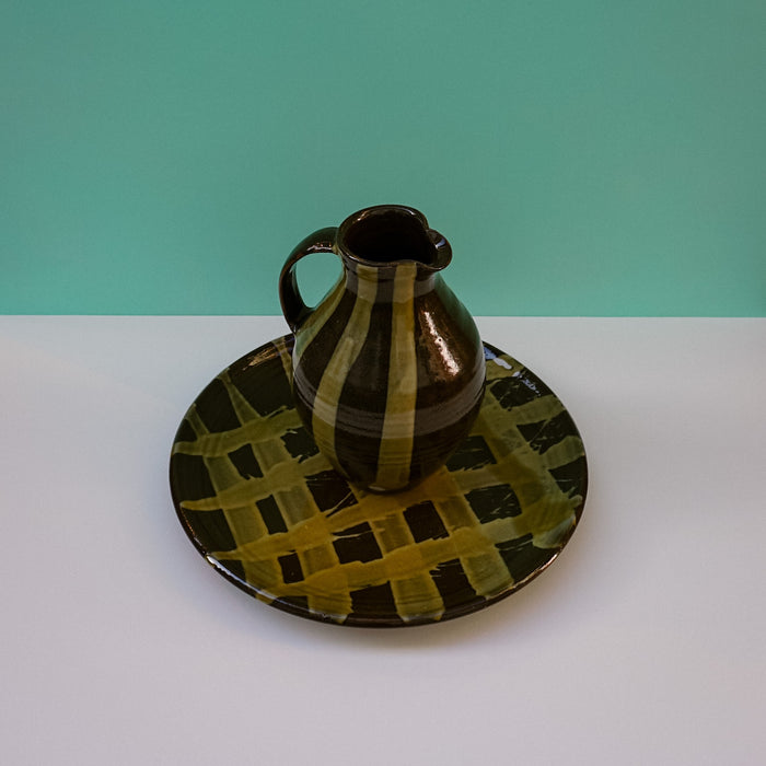 Water Wine Jug Nocotine Glaze with White Stripe on Platter | Lily Pearmain | Shop Fodder