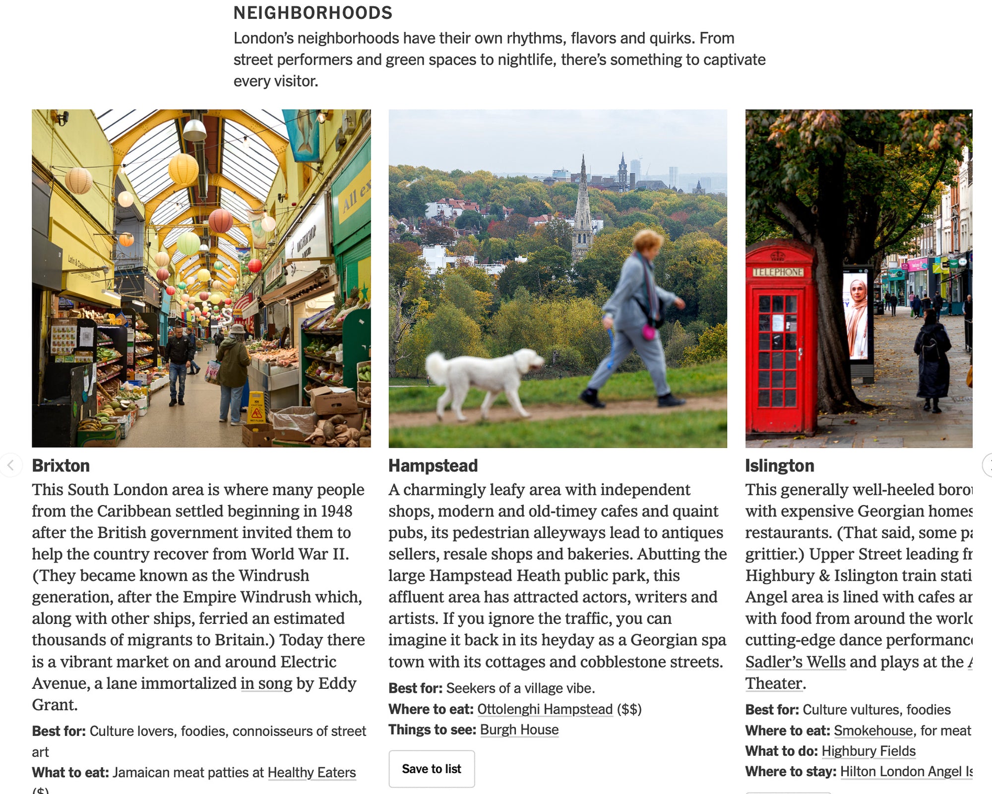 A black-and-white travel guide style poster or page showing three neighborhoods—Brixton, Hampstead, and Islington—with paragraphs of text, small maps, and photos of local spots. This is not a product photo, not packaging, and not one of the auxiliary product-specific types like measurement chart, color swatch, or instruction diagram, so subject_type is Other.