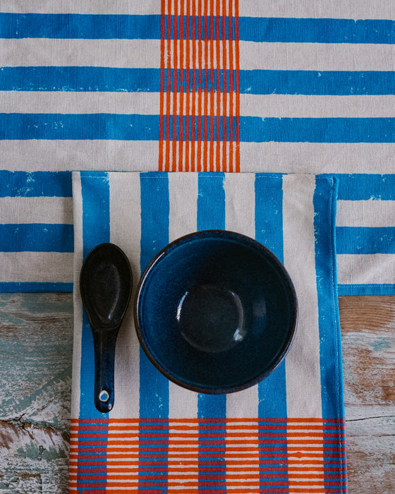 Close up of blue stripe and orange flash - Nic Brittin - linen