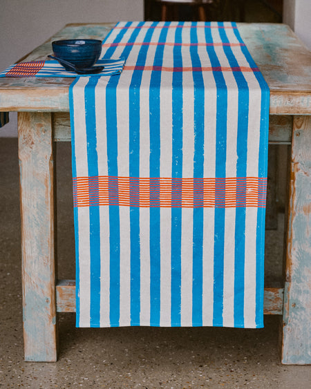 Lido table runner by Nic Brittin - blue stripe hand-printed linen - Fodder