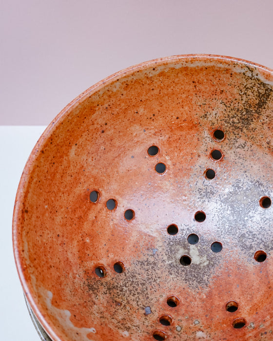 shino and wood ash glaze detail of the handmade ceramic colander by Scree Ceramics | Fodder
