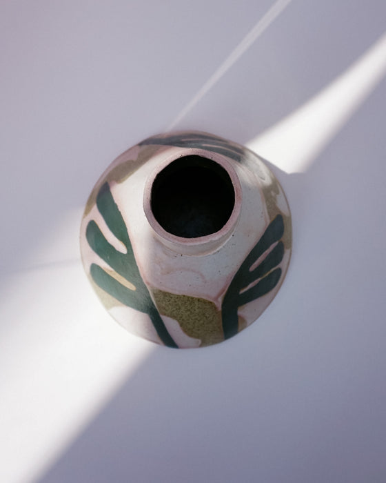Ceramic vase with leaf patterns on a white background. Sophie Alda | Handmade Ceramics | Shop Fodder