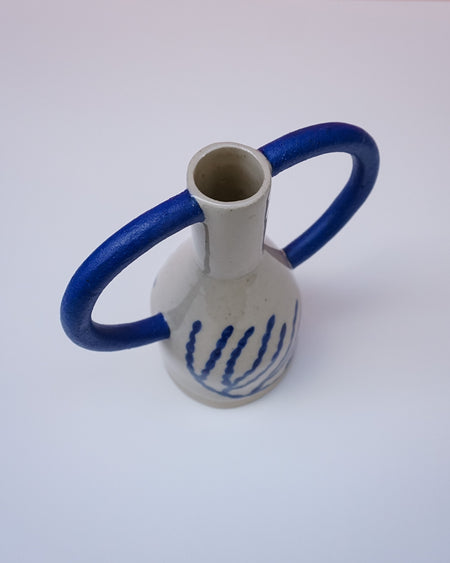 Ceramic vase with blue handles and decorative patterns on a white background. Sophie Alda | Handmade Ceramics | Shop Fodder