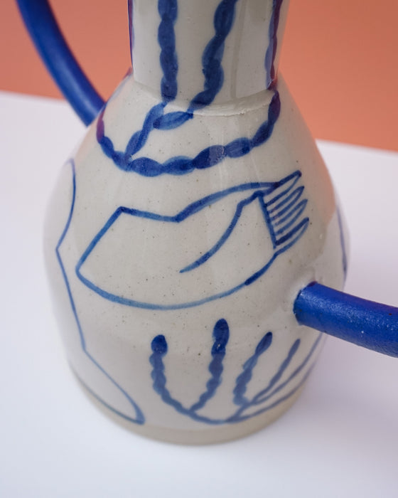 Ceramic vase with blue decorative elements on a white background. Sophie Alda | Handmade Ceramics | Shop Fodder