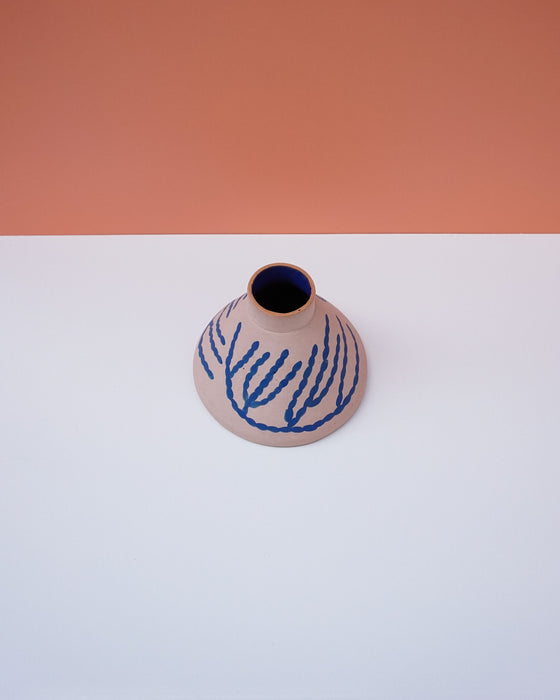 Ceramic vase with blue patterns on a white and pink background. Sophie Alda | Handmade Ceramics | Shop Fodder