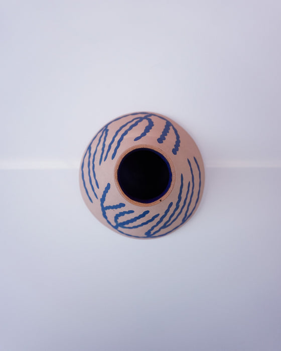 Ceramic vase with blue patterns on a white background. Sophie Alda | Handmade Ceramics | Shop Fodder