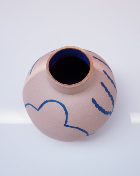 Ceramic vase with blue abstract designs on a white background. Sophie Alda | Handmade Ceramics | Shop Fodder