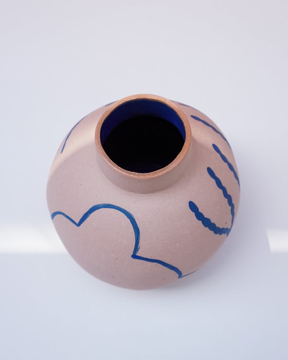Ceramic vase with blue abstract designs on a white background. Sophie Alda | Handmade Ceramics | Shop Fodder