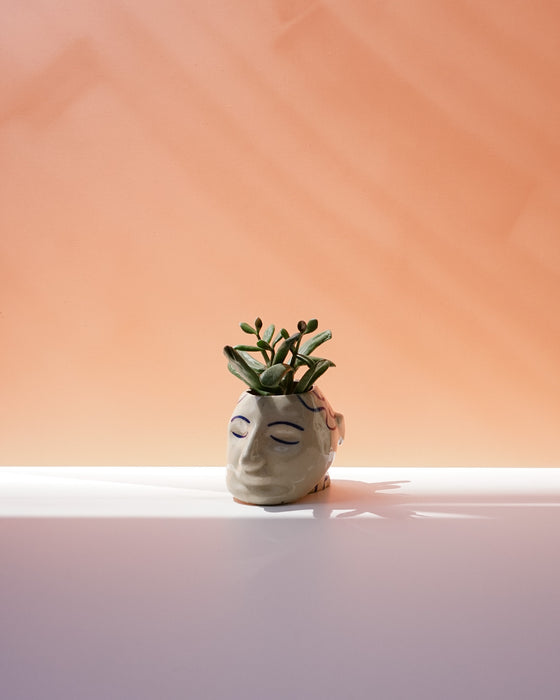 Ceramic vase with face design containing a succulent plant on a white surface with a peach-colored background. Sophie Alda | Handmade Ceramics | Shop Fodder