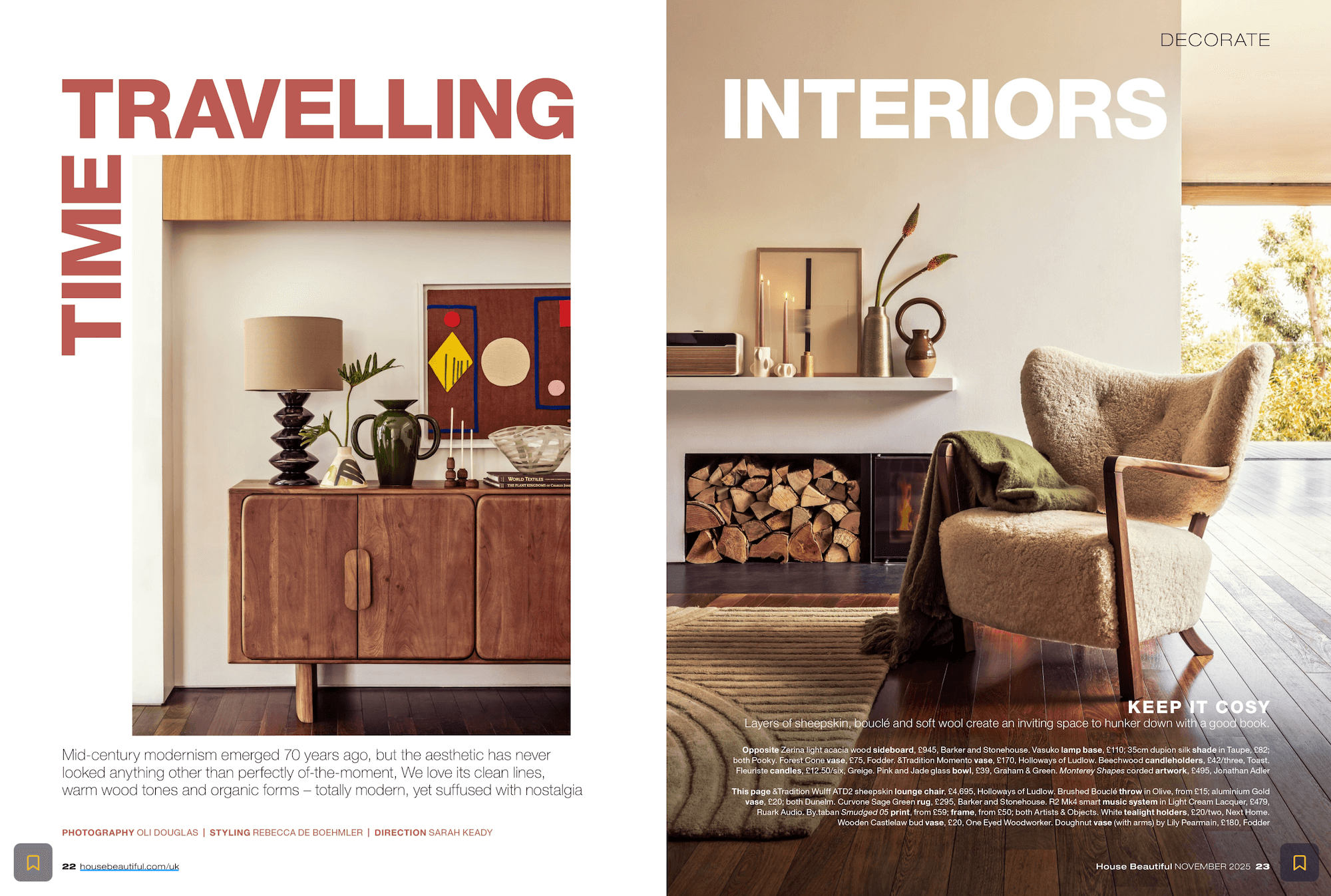 Magazine spread with interior design articles on 'Travelling' and 'Interiors'. Shop Fodder Featured in House Beautiful UK