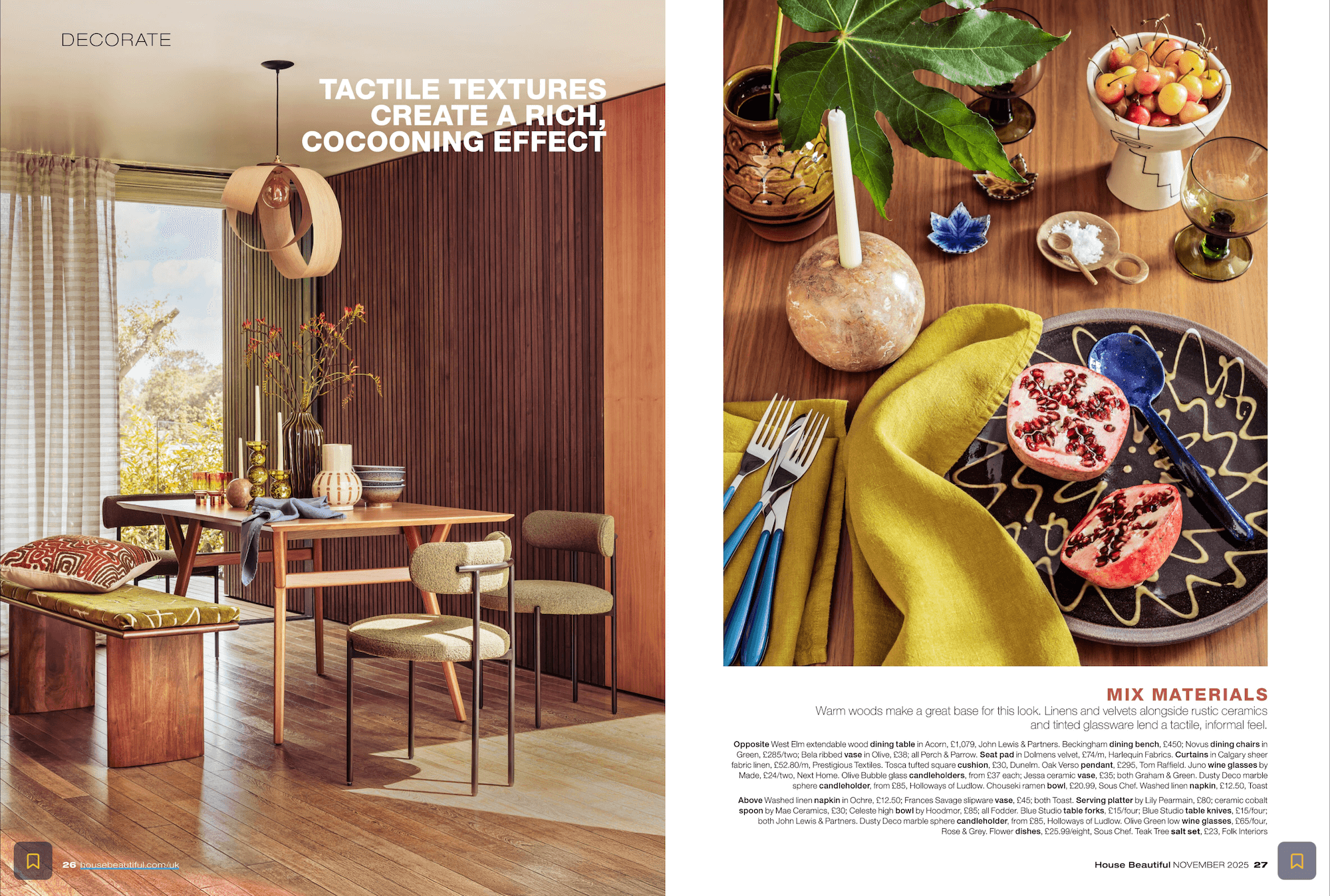 Dining room with wooden furniture and decor elements, featuring a table setting with fruit and cutlery. Shop Fodder Featured in House Beautiful UK