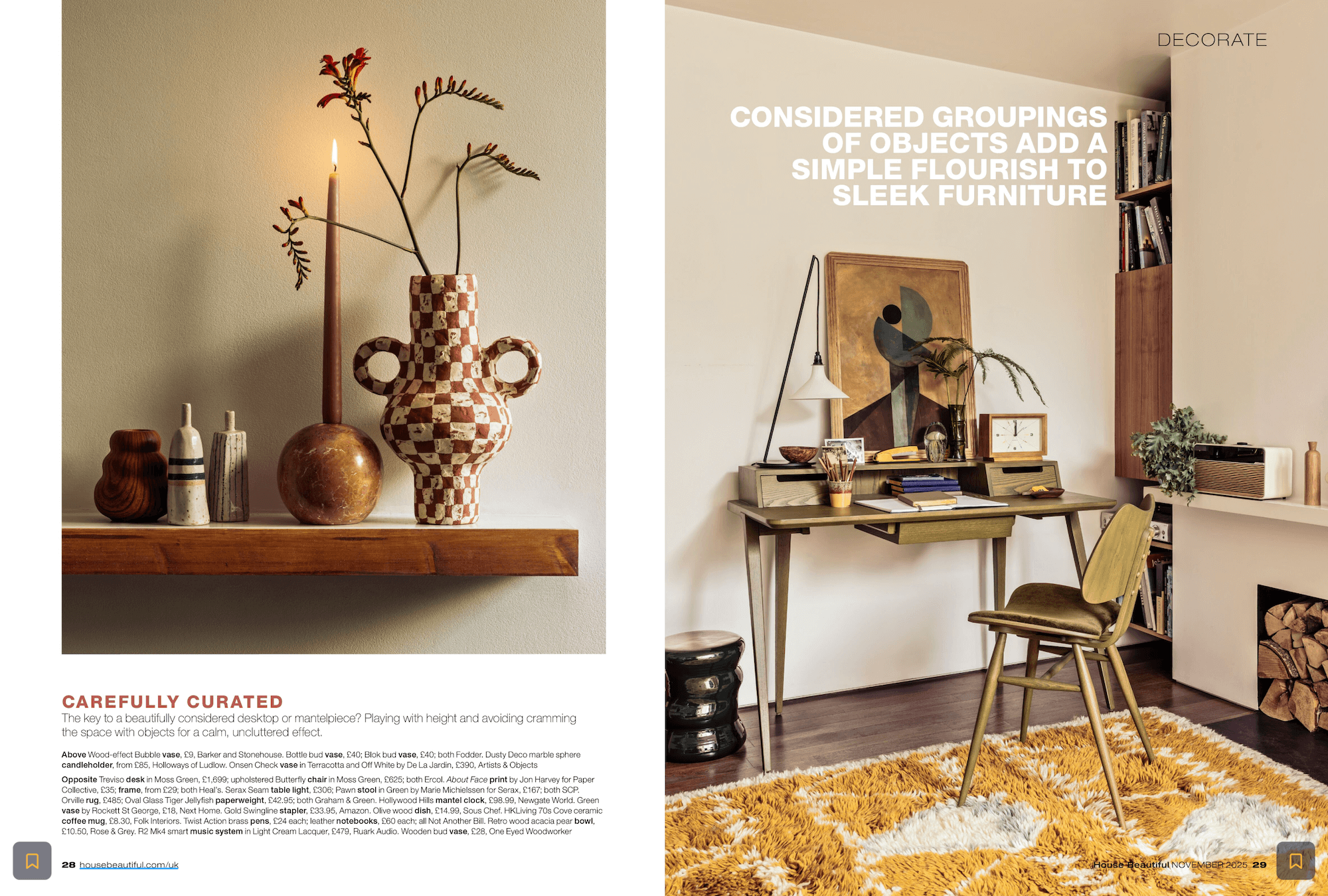 Decorative interior design spread with furniture and decor items. Shop Fodder Featured in House Beautiful UK