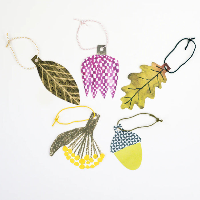 five gift tags with images of leaves and plants on a white background by Hadley Paper Goods. 