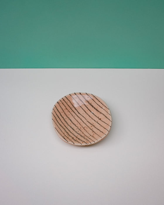 Round wooden coaster with striped pattern on a white surface with teal background. Diddy Bowl | Jode Pankhurst | Shop Fodder