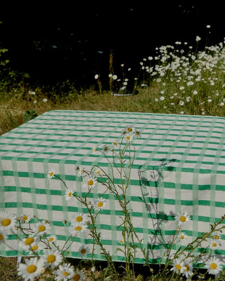 A green and white checkered picnic blanket spread out in an outdoor grassy field with white wildflowers in the foreground and background.