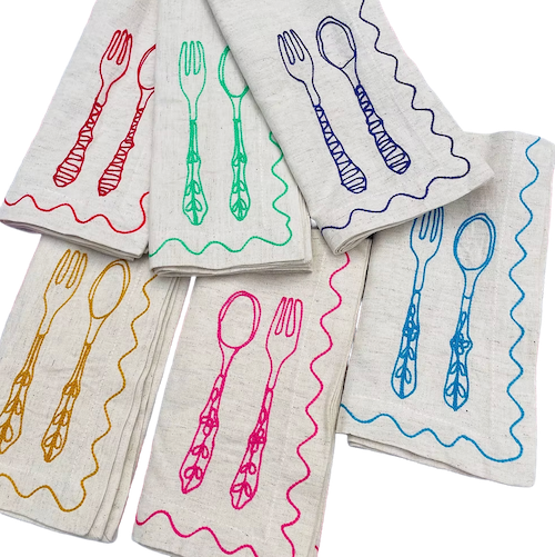 Embroidered Cutlery Linen Napkins | Set of 6
