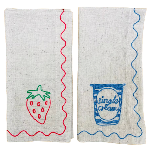 Embroidered Strawberries & Cream Napkins | Set of 2