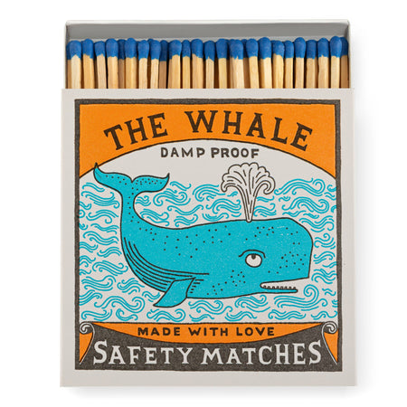 Matches box with whale design and text 'The Whale Safety Matches' on an orange background - Matches | Archivist Gallery | Shop Fodder
